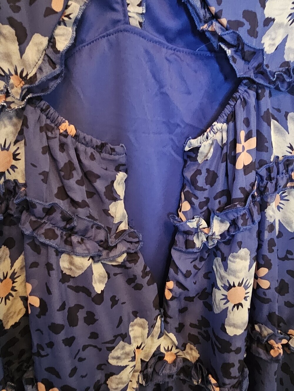 NWT XL Blue Floral Leopard Ruffle Tiered Open Back Dress - Picture 5 of 10